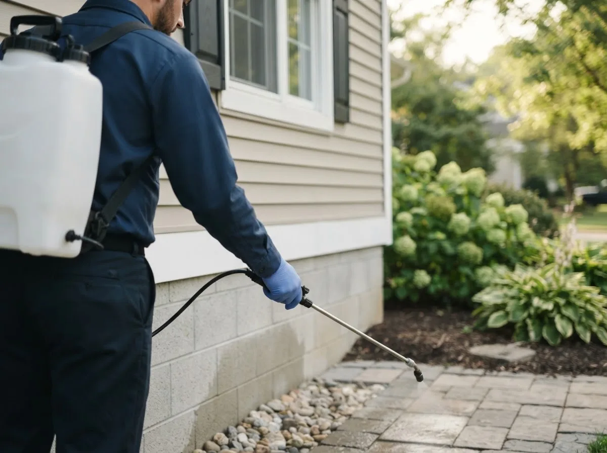 Pest control technician inspecting a home in Linwood, NC